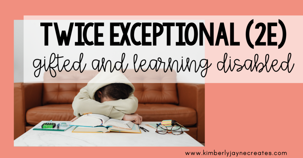 The words "Twice Exceptional" and "2E" are displayed. A teenager is sitting at a table with head down.
